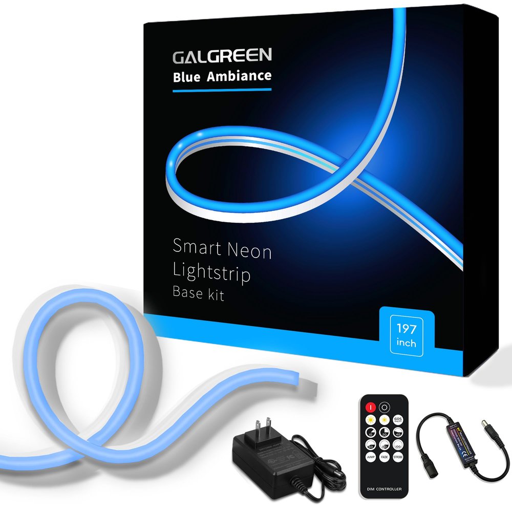 Galgreen Neon Rope Lights, 16.4ft Rope Lights with Dimmable Remote and Adapter, Waterproof Flexible Smart Led Strip Lights for Bedroom, Super Bright DIY Neon Sign, Indoor Outdoor Wall Decor Blue