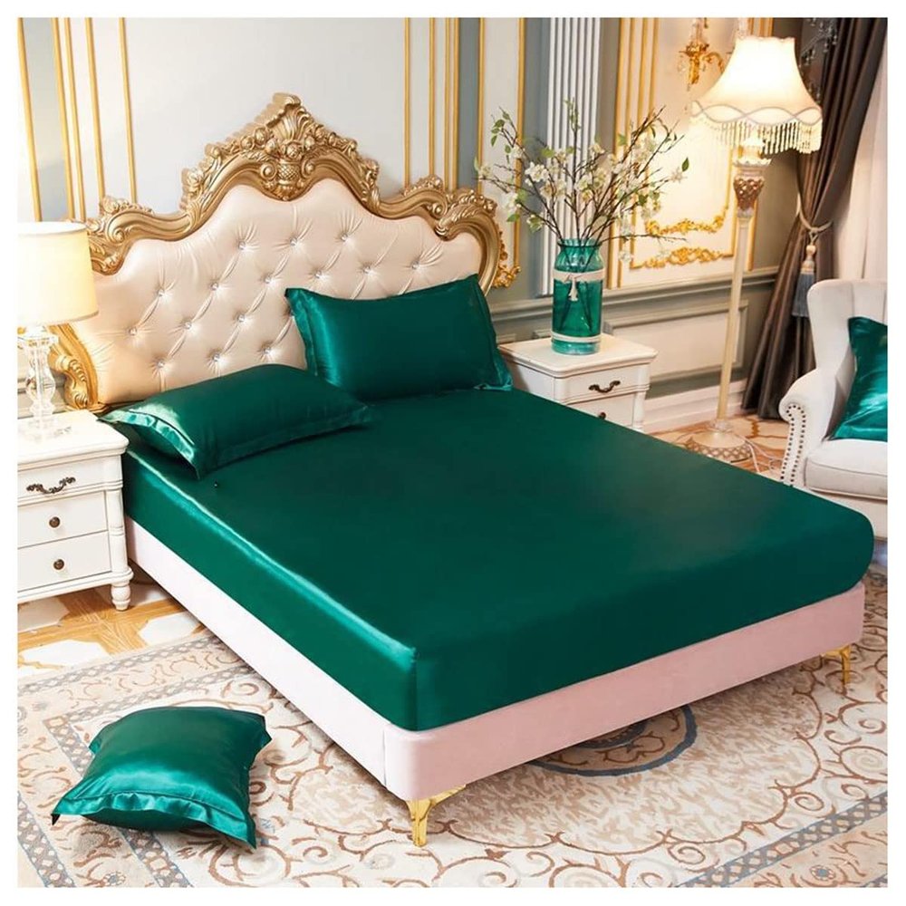 OTBK Satin Silk Bed Sheets Smooth Silky Bedding Collection Soft Microfiber Deep Pocket Fitted Sheet Silk Satin Sheets for Hair and Skin (Color : Emerald Green, Size : 120 * 200 * 25cm)