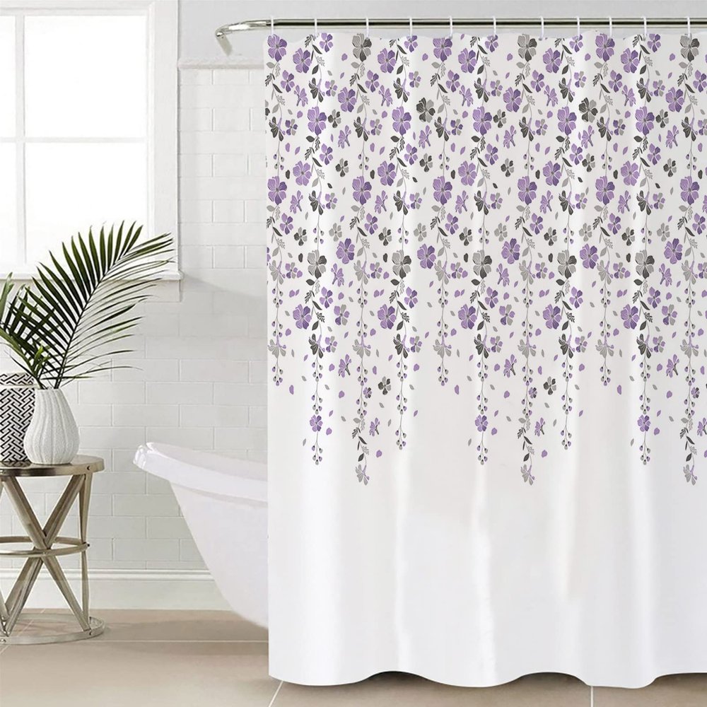 Romantic Floral Shower Curtain, Purple and Gray Draping Flower Waterproof Washable Shower Curtains Set for Bathroom Bathtubs Decor Set, 54" Wx78 L with Hooks