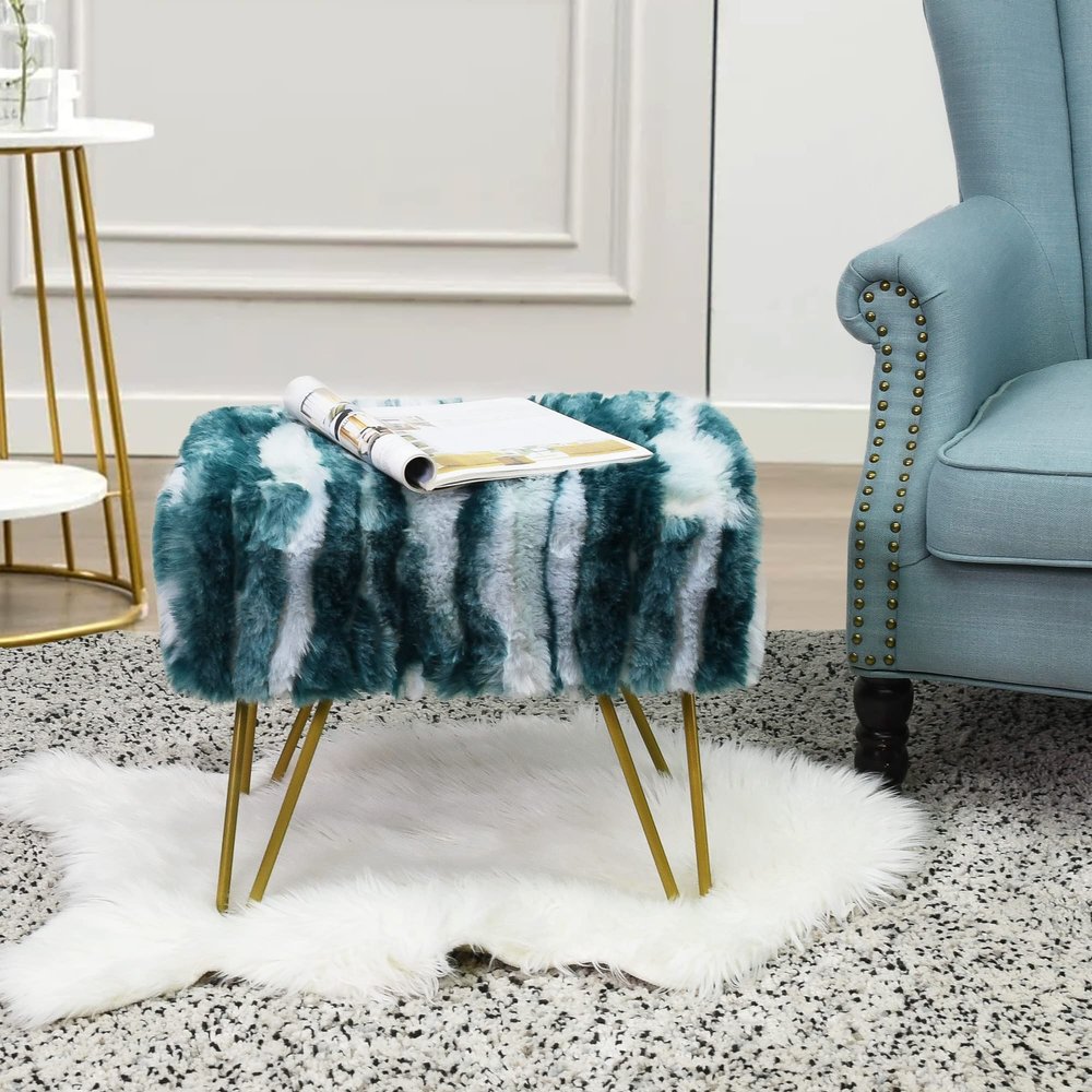 Warmaxx Deep Teal Soft Faux Fur Ottoman Fuzzy Entryway Bench, 19"x12.5"x17" Sturdy Accent Coffee Table for Living Room Make Up Vanity Fluffy Shoe Stool with Golden Legs for Bedroom Closet Foot Rest