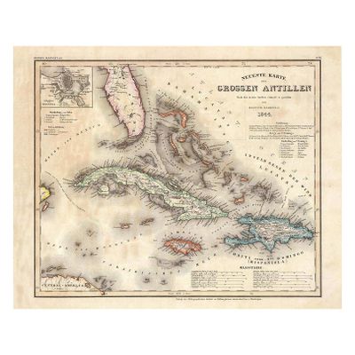 1844 Caribbean Islands Vintage Map Art - Decorative Wall Decor for Home, Office, Classroom and Library, Historical Antique Gift for Historian and Geography Lover, 16x20 Unframed Print Poster Paper