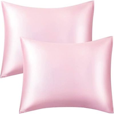2 Pack Zippered Satin Pillowcaes Luxury and Silky Soft Travel Zip Pillow Cases (Queen, Pink)