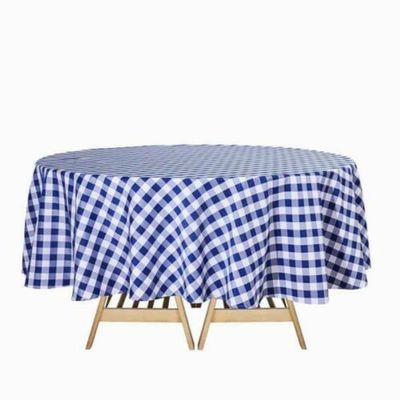 1 Pcs Navy Blue White Buffalo Plaid 90" Round Polyester Tablecloth Checkered Picnic