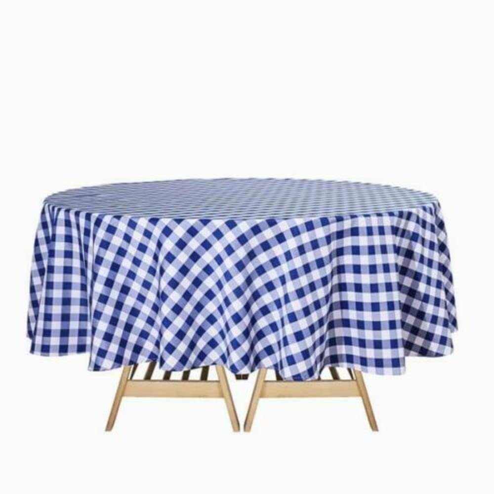 1 Pcs Navy Blue White Buffalo Plaid 90" Round Polyester Tablecloth Checkered Picnic