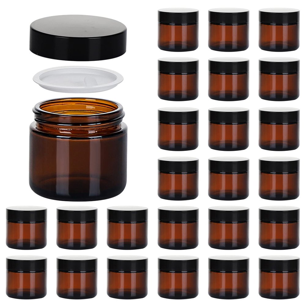 2oz Jars with Lids, Hoa Kinh 24 Pack Amber Glass Jars with Lids Empty Cosmetic Containers Round Airtight Glass Jar with Inner Liners and black Lid for Storing Lotions, Powders, and Ointments