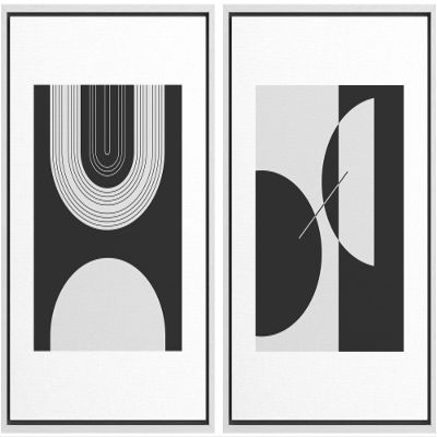 wall26 Framed Canvas Print Wall Art Set Black and White Mid Century Semi Circle Arches Abstract Shapes Illustrations Modern Minimalist Relax/Calm for Living Room, Bedroom, Office - 16"x24"x2 White
