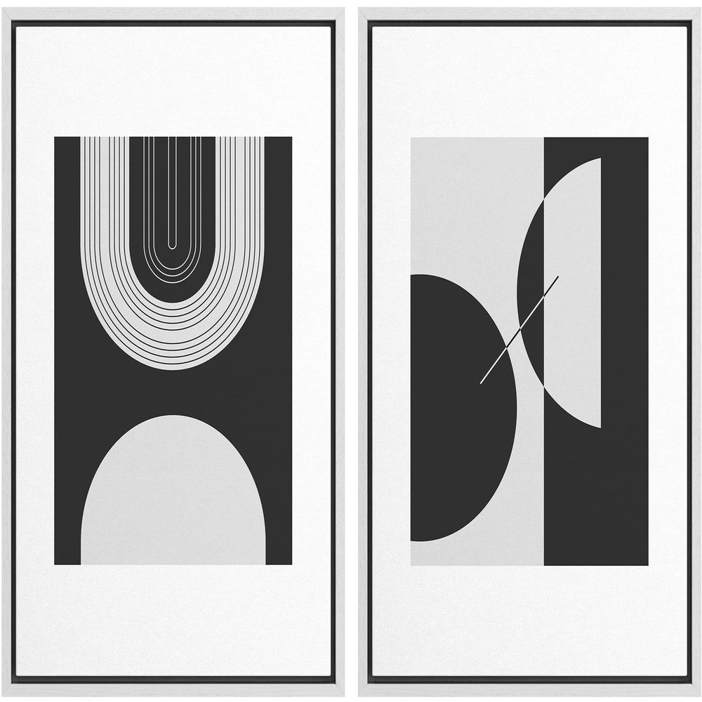 wall26 Framed Canvas Print Wall Art Set Black and White Mid Century Semi Circle Arches Abstract Shapes Illustrations Modern Minimalist Relax/Calm for Living Room, Bedroom, Office - 16"x24"x2 White
