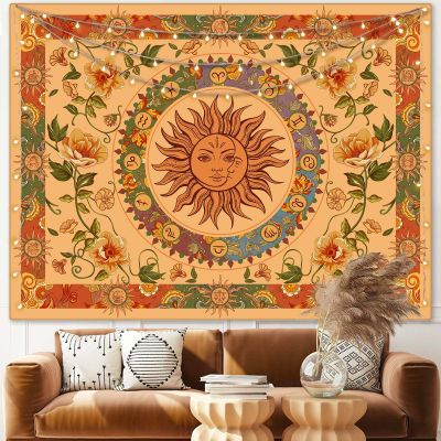 Aipon Yellow Sun and Moon Tapestry Indie Tapestries Boho Orange Flower Floral Tapestry Wall Hanging Cool Vintage Aesthetic Wall Tapestry for Bedroom Living Room Dorm (90.6'' 70.8'', Orange)
