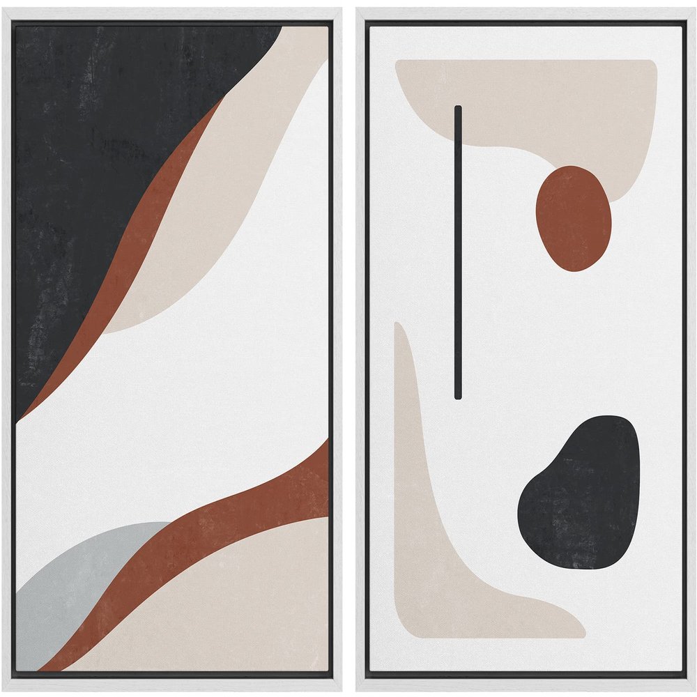 wall26 Framed Canvas Wall Art Print Set Brown & Black Geometric Polygon Collage Abstract Shapes Illustrations Modern Relax/Calm Multicolor for Living Room, Bedroom, Office - 16"x24"x2 White