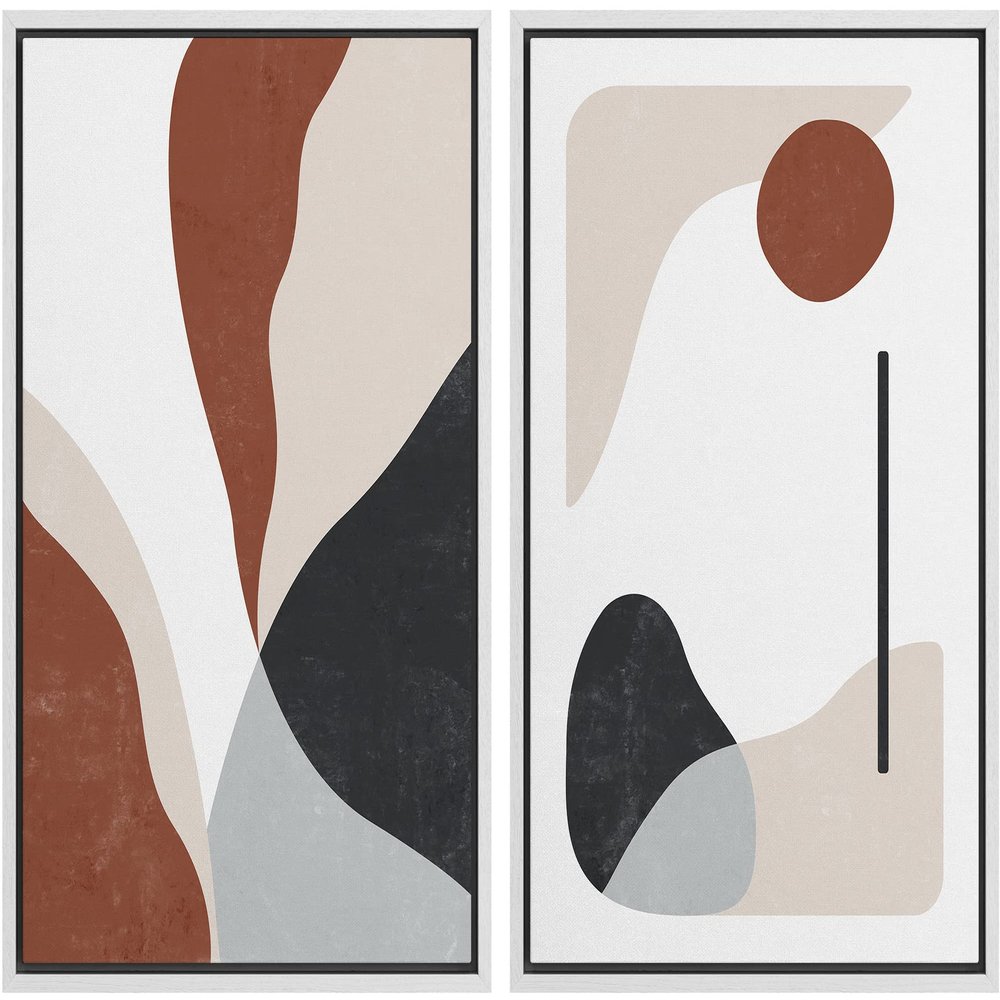 wall26 Framed Canvas Wall Art Print Set Brown & Black Mid-Century Geometric Polygons Abstract Shapes Illustrations Modern Relax/Calm Multicolor for Living Room, Bedroom, Office - 16"x24"x2 White