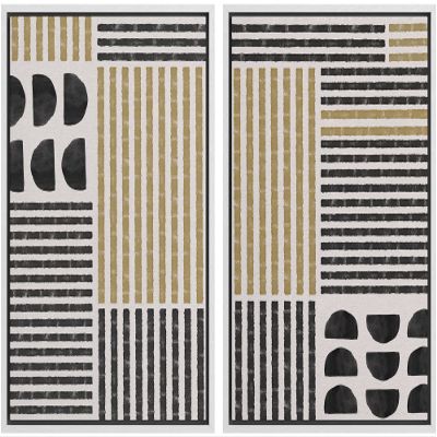 wall26 Framed Canvas Wall Art Print Set Black & Yellow Geometric Line Art & Semi Circles Abstract Shapes Illustrations Modern Bohemian for Living Room, Bedroom, Office - 16"x24"x2 White