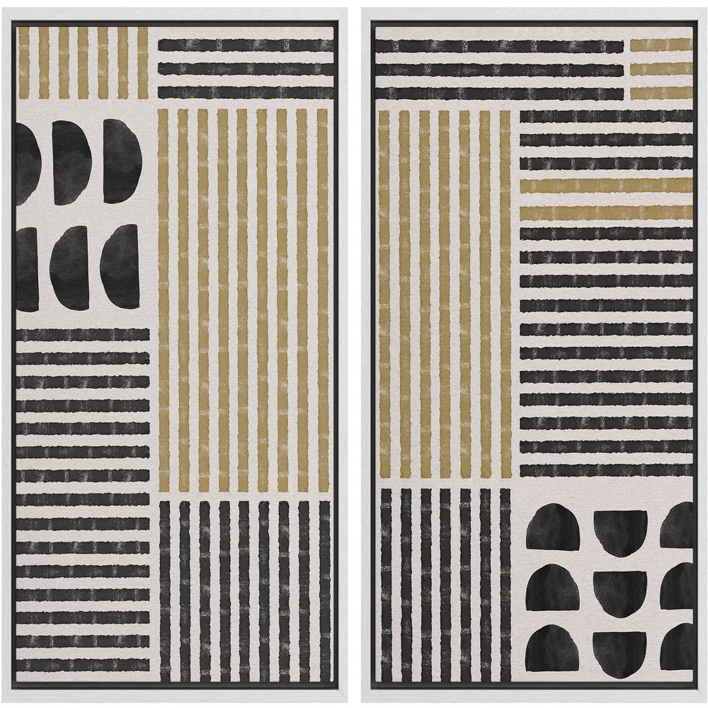 wall26 Framed Canvas Wall Art Print Set Black & Yellow Geometric Line Art & Semi Circles Abstract Shapes Illustrations Modern Bohemian for Living Room, Bedroom, Office - 16"x24"x2 White