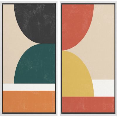 wall26 Framed Canvas Wall Art Print Set Mid-Century Geometric Color Block Display Abstract Shapes Illustrations Modern Rustic Relax/Calm for Living Room, Bedroom, Office - 16"x24"x2 White