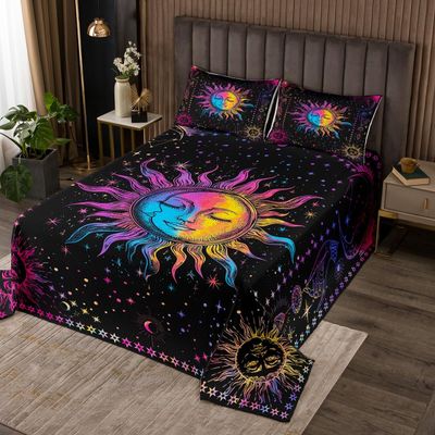 Erosebridal Sun and Moon Coverlet Set Psychedelic Mystic Galaxy Quilt Set,Colorful Starry Sky Bedspread Twin Bohemian Constellation Bedding Set 2pcs Kids Boys Girls Stars Bedroom Decor,Breathable
