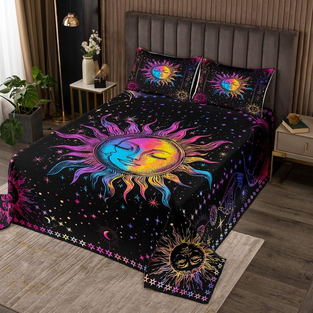 Erosebridal Sun and Moon Coverlet Set Psychedelic Mystic Galaxy Quilt Set,Colorful Starry Sky Bedspread Twin Bohemian Constellation Bedding Set 2pcs Kids Boys Girls Stars Bedroom Decor,Breathable
