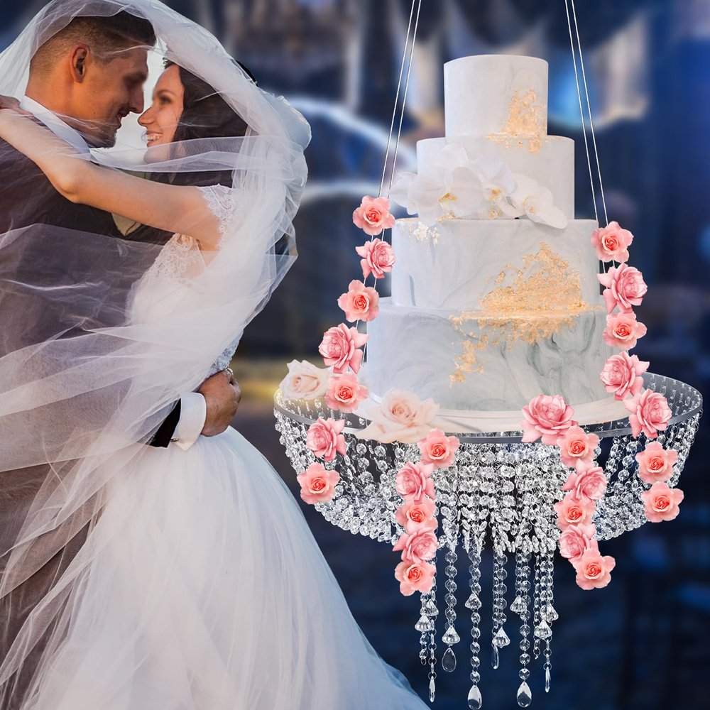 AKaSping Hanging Crystal Cake Stand 23.62" Acryli Suspended Cupcake Stand Chandelier Hanging Cake Rack Romantic Cake Swing Stand Dessert Display Stands for Tea Party Wedding Birthday