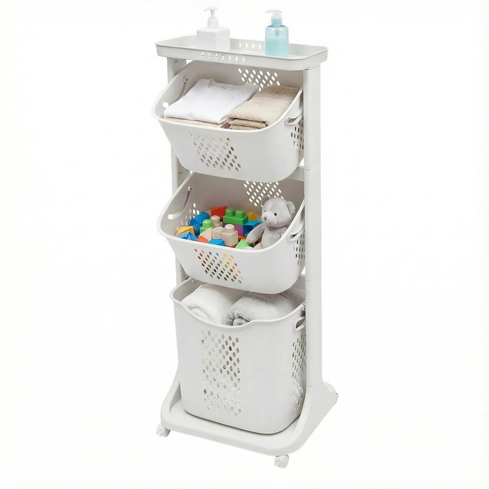 3-Tier Rolling Laundry Hamper Cart with Wheels, Removable Dirty Laundry Baskets, Clothes Hamper with Portable Storage Baskets for Kitchens, Bathrooms, Bedrooms, Classrooms, Laundry Rooms
