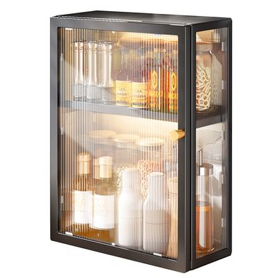 Wall Cabinet Kitchen Shelf with Door Wall Mounted Desktop Condiment Storage Cabinet Corner Wall Cabinet Bathroom Amenities Storage Rack Carbon Steel (Color : Black, Size : 53 * 30 * 14.5cm)