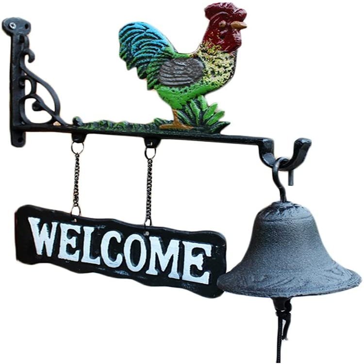 KDLK Cast Iron Doorbell with Welcome Sign Rooster Dinner Bells Front Door Decoration Wall Bell Hanging Bell