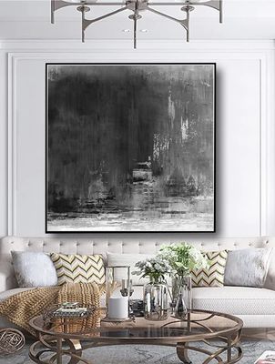 100% Handmade Abstract Black White Art on Canvas Minimalist art Painting Wall Art Decorative Picture Nordic Style Home Decor 32x32 inches