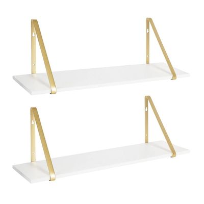 Durable 2 Piece 18 inches White/Gold Decorative Floating Shelves Wood with 2 Iron Brackets, Farmhouse Rustic Transitional Look | Lightweight Material, Endless Styling Option, Easy to Assemble & Hang