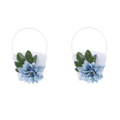 MEUMITY 2 PCS Wedding Flower Girl Flower Basket,Flower Basket with Colorful Flowers Vintage Country Wedding Flower Basket Daily Storage Basket for Wedding Home Decoration(Blue)