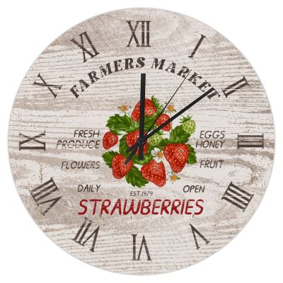 15 Inch Wooden Decorative Wall Clock Farmers Market Clock Strawberries Wood Clock Kitchen Clock Wood Grain Round Decorative Clock Rustic Home Decor for Bedroom Bathroom Kitchen Living Room