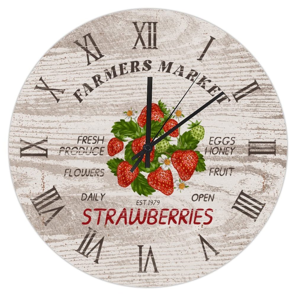 15 Inch Wooden Decorative Wall Clock Farmers Market Clock Strawberries Wood Clock Kitchen Clock Wood Grain Round Decorative Clock Rustic Home Decor for Bedroom Bathroom Kitchen Living Room