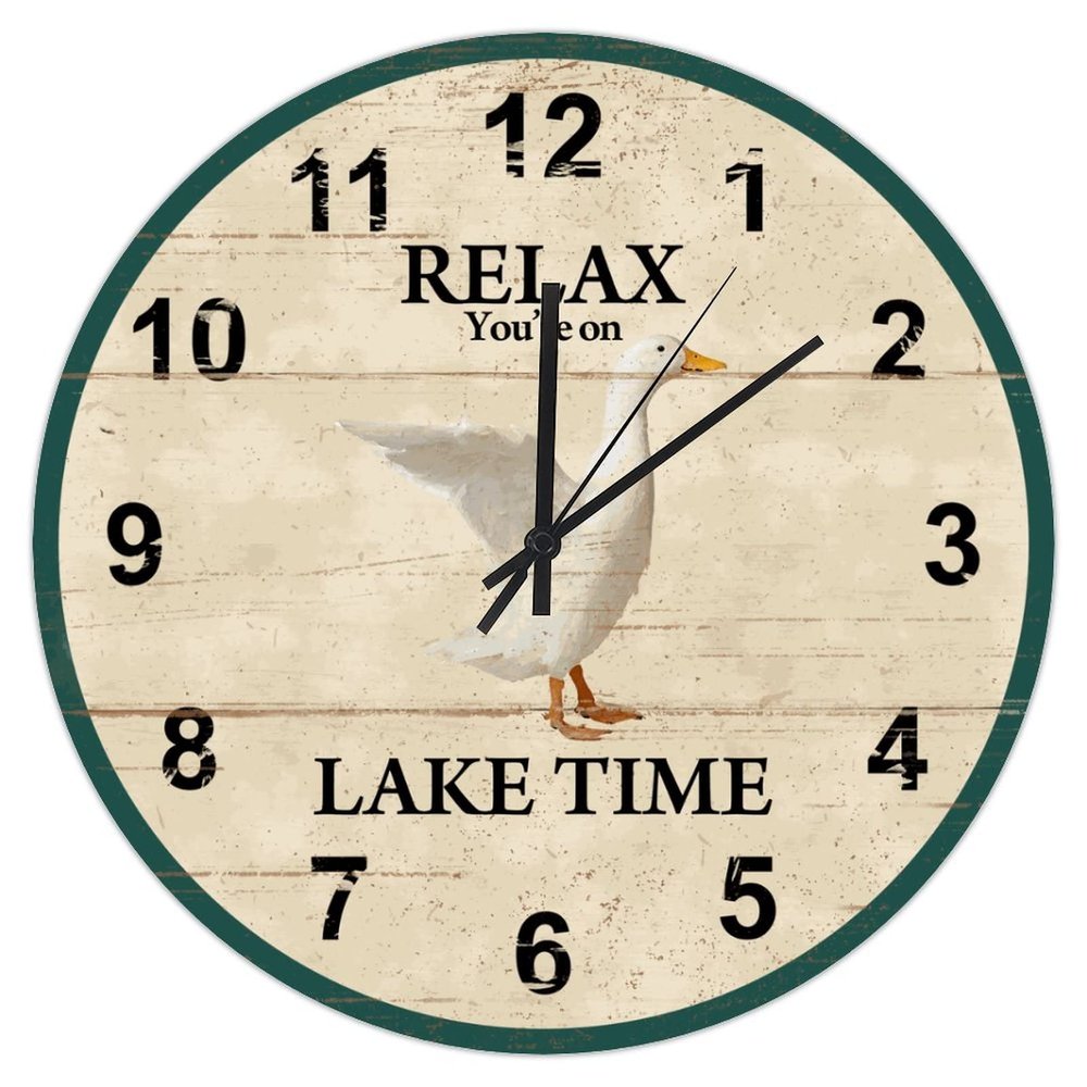 Lake Wood Clock Relax You're On Lake Time Clock Duck Clock Rustic Chic Decorative Wall Clock Non Ticking Silent Quality Quartz Rustic Home Decor for Living Room Kitchen Bedroom And Office 15 Inch