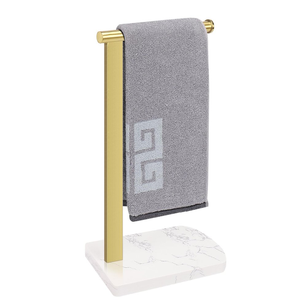 NearMoon Hand Towel Holder with Balanced Marble Base, 304 Stainless Steel Stand Towel Ring L Shape Hand Towel Rack Free-Standing Towel Bar for Bathroom Kitchen Countertop (Single Rod, Brushed Gold)