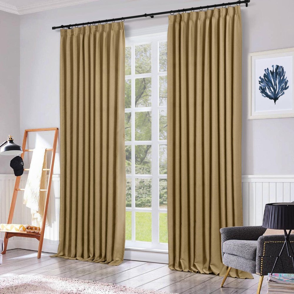 ChadMade Pinch Pleat Blackout Curtain Heavyweight 84 Inches Long Drape 100Wx84L Sliding Glass Door Curtain for Traverse Rod and Track, Wheat (1 Panel) Memory Trained