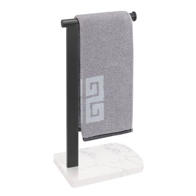 NearMoon Hand Towel Holder with Balanced Marble Base, 304 Stainless Steel Stand Towel Ring L Shape Hand Towel Rack Free-Standing Towel Bar for Bathroom Kitchen Countertop (Single Rod, Matte Black)