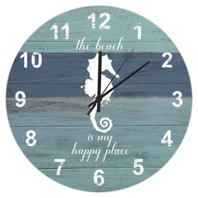 15 Inch Decorative Wall Clock Nautical Clock The Beach is My Happy Place Wall Clock Seahorse Clock Blue Wood Grain Beach Rustic Wall Clock Rustic Home Decor for Living Room Kitchen Bedroom and Office