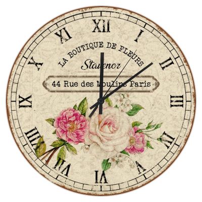 Flower Clock France Country Rustic Style Wall Clock Vintage Floral Wood Clock 12 Inch Rustic Chic Decorative Wall Clock Non Ticking Silent Home Modern Decor for Home Decor Living Room Kitchen Office