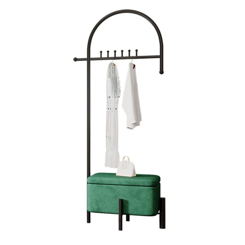 LHHL Coat Rack with Shoe Bench 3-in-1 Hall Tree Entryway Coat Stand with Hooks Locker Floor-Standing Clothing Racks Iron Art Frame Easy Assembly (Color : Black+Green, Size : 63.5x40x180cm)
