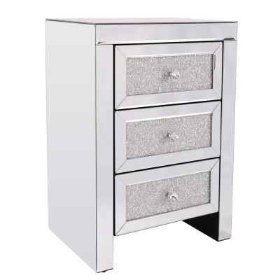 TOMYEUS Drawer Dresser 1 Piece Crystal Diamond Mirror Bedside Table Bedside Table Drawer Bedroom Furniture with 3 Drawers Bedside Storage Cabinet Silver Bedside Table