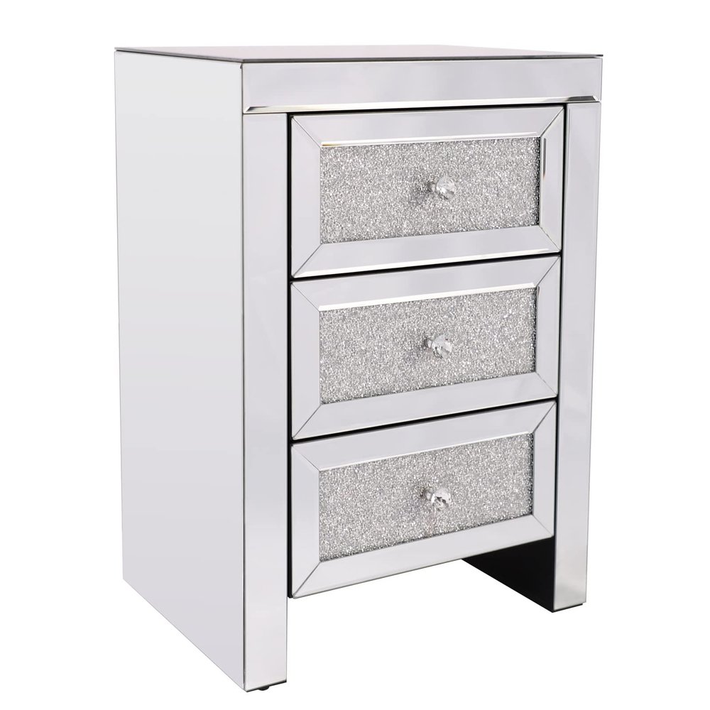 TOMYEUS Drawer Dresser 1 Piece Crystal Diamond Mirror Bedside Table Bedside Table Drawer Bedroom Furniture with 3 Drawers Bedside Storage Cabinet Silver Bedside Table
