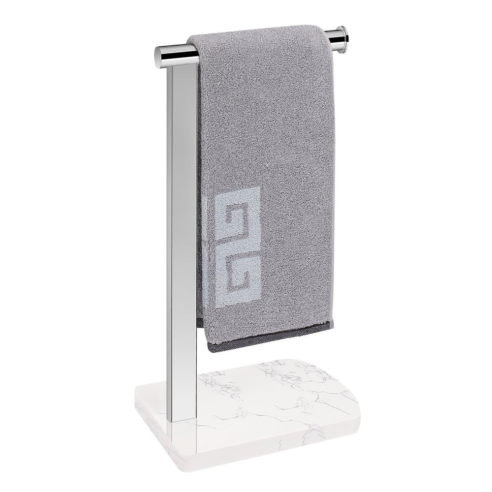 NearMoon Hand Towel Holder with Balanced Marble Base, 304 Stainless Steel Stand Towel Ring L Shape Hand Towel Rack Free-Standing Towel Bar for Bathroom Kitchen Countertop (Single Rod, Chrome)