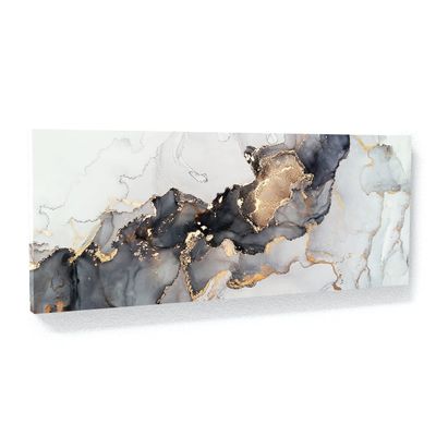 Sense Canvas Marble Abstract Grey Gold Panoramic 3 Canvas Art - Home Decor Wall Art Print Poster Painting Large 40x16 / 1.5"