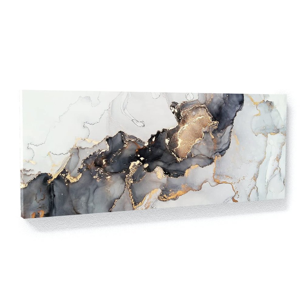 Sense Canvas Marble Abstract Grey Gold Panoramic 3 Canvas Art - Home Decor Wall Art Print Poster Painting Large 40x16 / 1.5"
