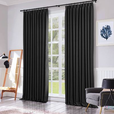 ChadMade Pinch Pleat Blackout Curtain Heavyweight 84 Inches Long Drape 100Wx84L Sliding Glass Door Curtain for Traverse Rod and Track, Black (1 Panel) Memory Trained