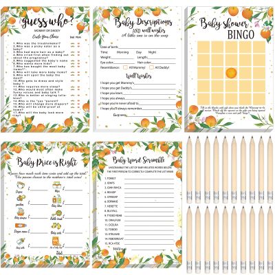 Yinder 145 Pieces Orange Little Cutie Baby Shower Games for Boy or Girl Game Activities Cards with 20 Pencils Includes Bingo Description and Wishes Guess Who Baby Price is Right, Word Scramble Game