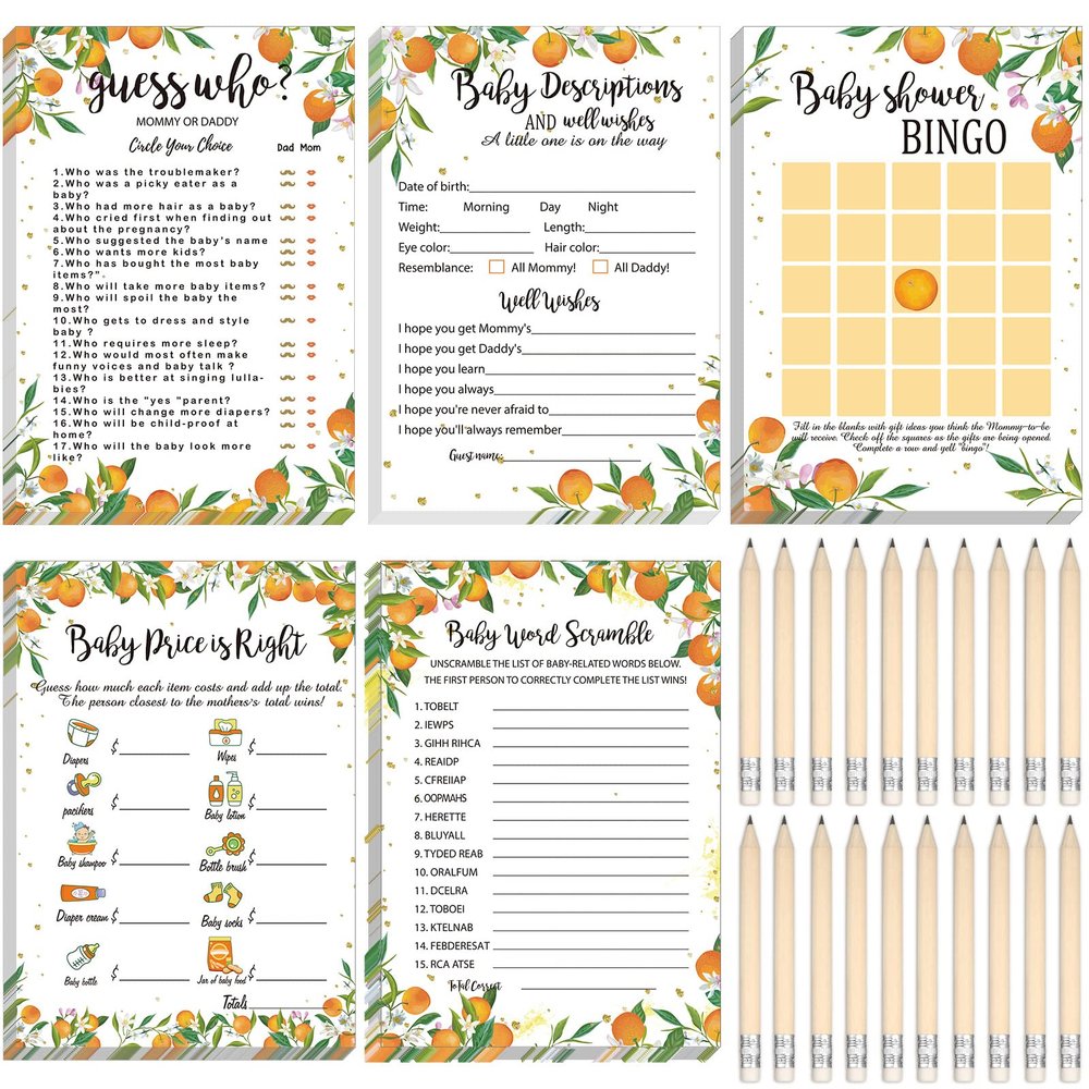 Yinder 145 Pieces Orange Little Cutie Baby Shower Games for Boy or Girl Game Activities Cards with 20 Pencils Includes Bingo Description and Wishes Guess Who Baby Price is Right, Word Scramble Game