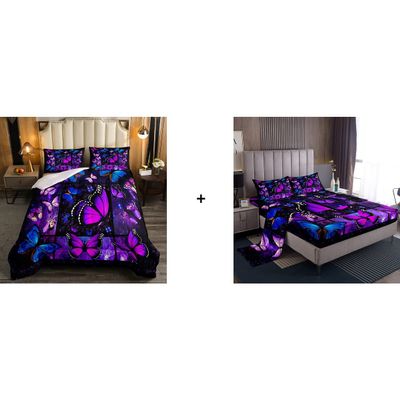 Erosebridal 5 Pcs Twin Size Girls Purple Butterfly Bedding Sets with Galaxy Comforter Set +Fitted Sheet Deep Pocket + Flat Sheet + 2 Pillowcases