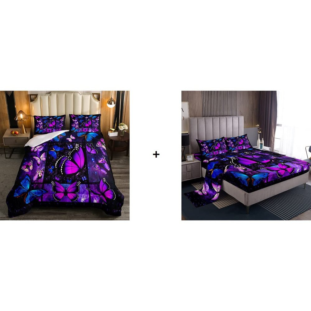 Erosebridal 5 Pcs Twin Size Girls Purple Butterfly Bedding Sets with Galaxy Comforter Set +Fitted Sheet Deep Pocket + Flat Sheet + 2 Pillowcases