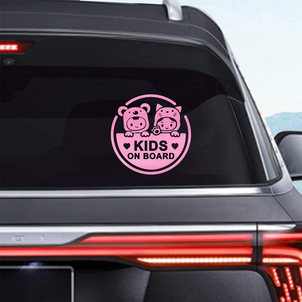 Dreothy 2Pack Kids on Board Car Stickers and Decals,Boy and Girl Safety Sign Baby on Board Stickers for Cars Window Decals Laptop Bumper Stickers Car Accessories 7.87X7.87inch (Pink)