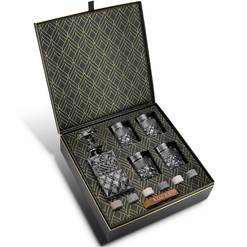 Whiskey Decanter Gift Set with 4 Cocktail Glasses & Handcrafted Granite Whiskey Chilling Stones - Whisky Carafe Glass for Liquor, Scotch, Bourbon Tasting - Magnificent Gold Foil Gift Box by Rocks