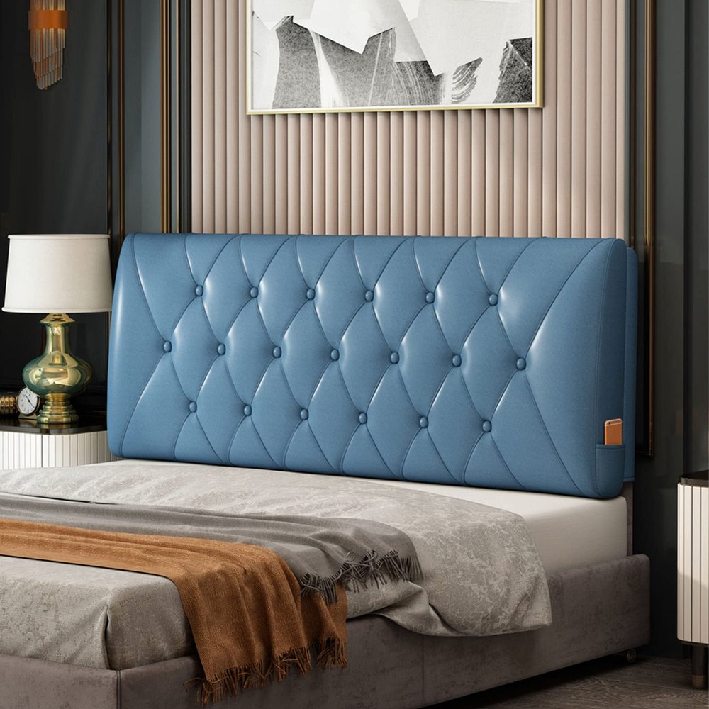Bright Leather Bedside Cushion Large Bed Backrest Headboard Cushion Support Lumbar Cushion Bolster for Daybed Bed Bunk Bed with Removable Cover,Blue,63"/160cm