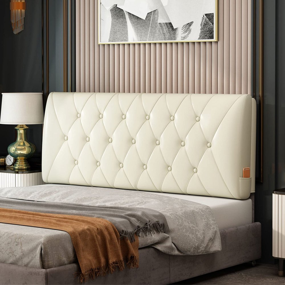 Bright Leather Bedside Cushion Large Bed Backrest Headboard Cushion Support Lumbar Cushion Bolster for Daybed Bed Bunk Bed with Removable Cover,White,63"/160cm