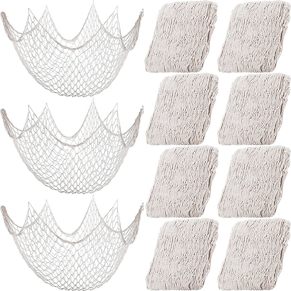 8 Pcs Fish Net Decorative Party Supplies 78.7 x 59 Inch Nautical Party Decorations Natural Cotton Fishnet Party Accessory for Hawaiian Pirate Fishing Undersea Theme Party Favor (Beige)